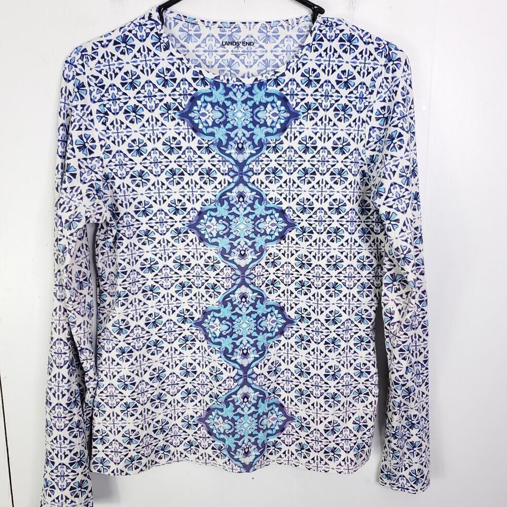Lands End Top Womens Small Long Sleeve Stretchy Flower All OVer Maximalist Print